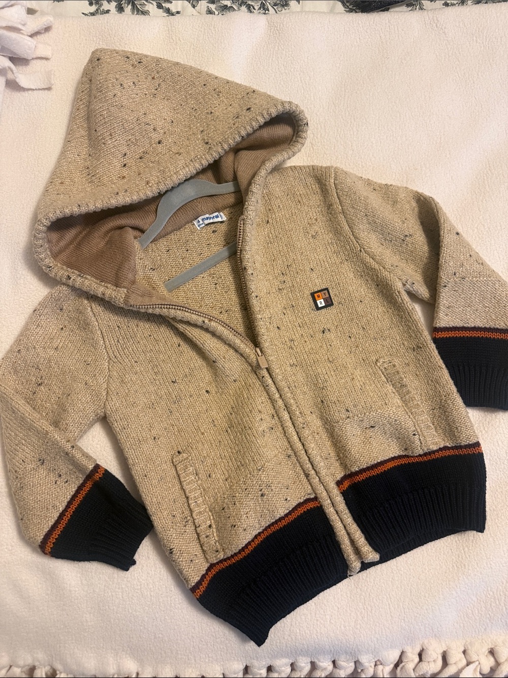 Mayoral Hooded Zip Sweater with Navy Trim